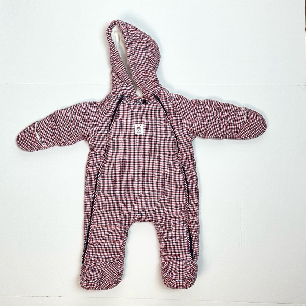 Jacadi Paris Baby Outwear Snowsuit Cotton Hooded Red Blue Check 1 month 54 cm